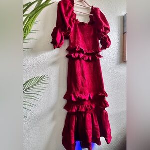 Rachel Parcell Jacquard Smocked Red Midi Dress Size Small New